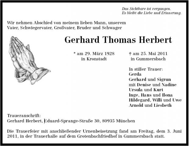 Herbert Gerhard 1928-2011 Todesanzeige